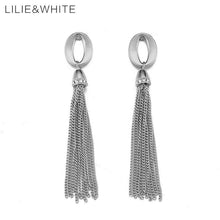 Load image into Gallery viewer, Silver O Hoop and Chain Tassel Earrings