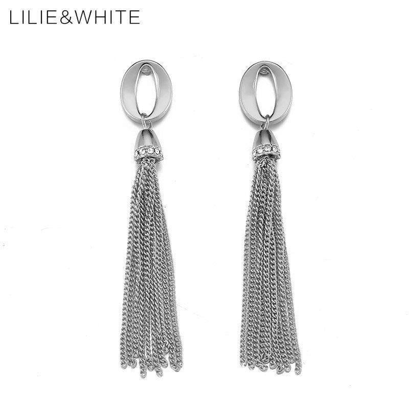 Silver O Hoop and Chain Tassel Earrings