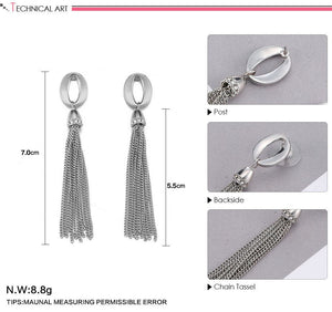 Silver O Hoop and Chain Tassel Earrings