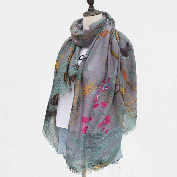 Grey Bird Tree Scarf Nature Long Wrap Shawl Berries