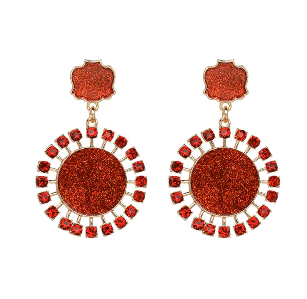 Radiant Sun Big Round Red Gold Sparkle Earrings