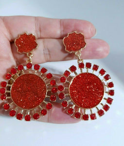 Radiant Sun Big Round Red Gold Sparkle Earrings