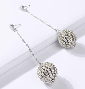 Long Silver Crystal Globe, Glitter Ball Drop Earrings