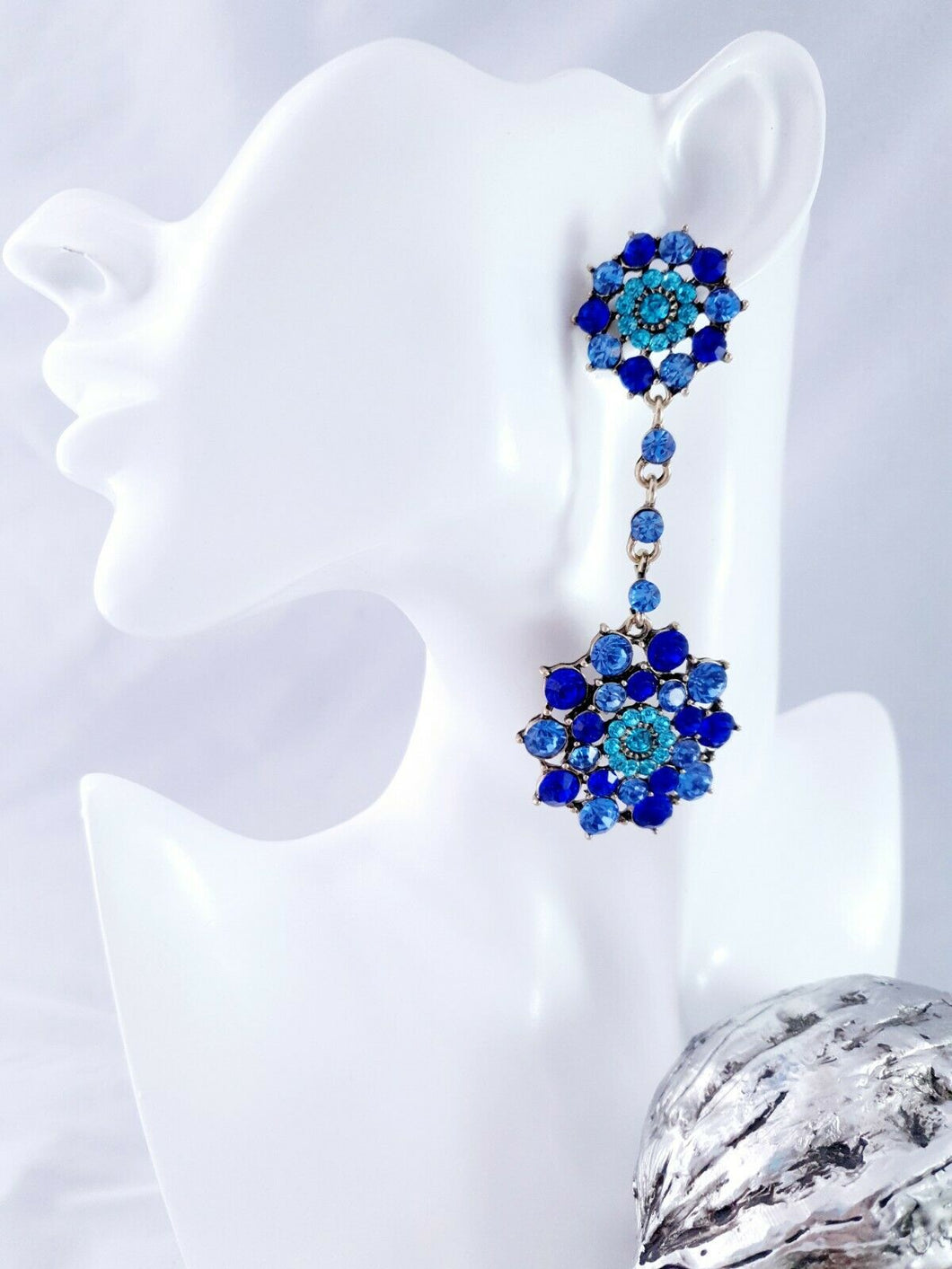 Royal Blue Diamanté Long Drop Earrings