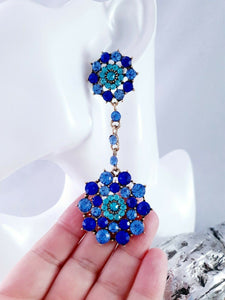 Royal Blue Diamanté Long Drop Earrings