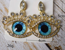 Load image into Gallery viewer, Quirky Large Gold Evil EYE Drop Earrings