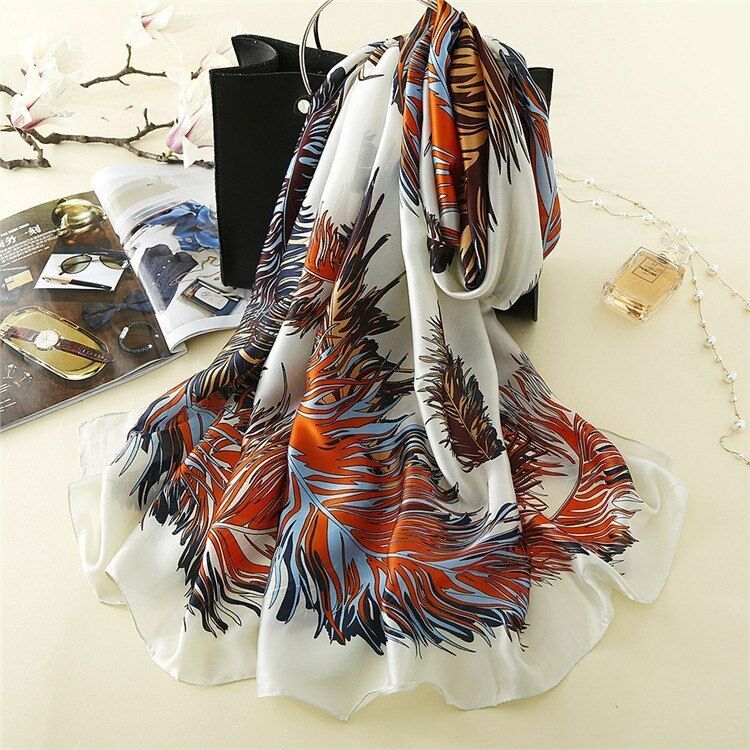 Orange Blue Cream Silk Scarf  Vibrant Feather Print