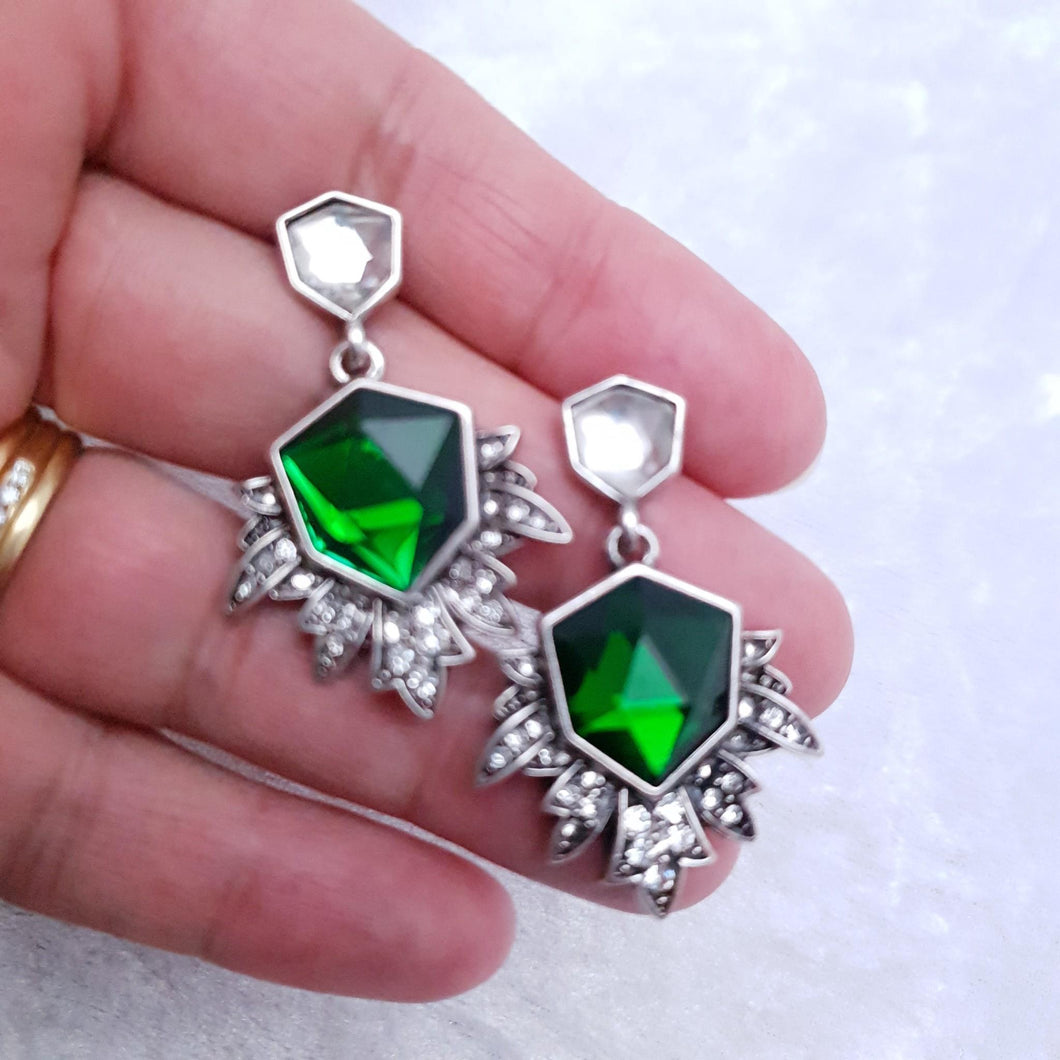 Silver & Green Stone Stud Drop Earrings Art Deco