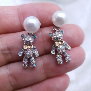 Cute Teddy Bear crystal & pearl Earrings