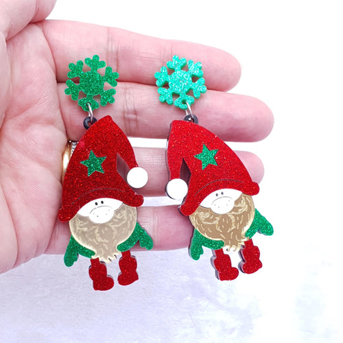 Red Green Gold Sparkle Christmas Gnome Fashion Earrings, Acrylic Quirky & Fun