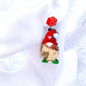 Red Green Gold Sparkle Christmas Gnome Gonk Novelty Earrings,Acrylic Quirky