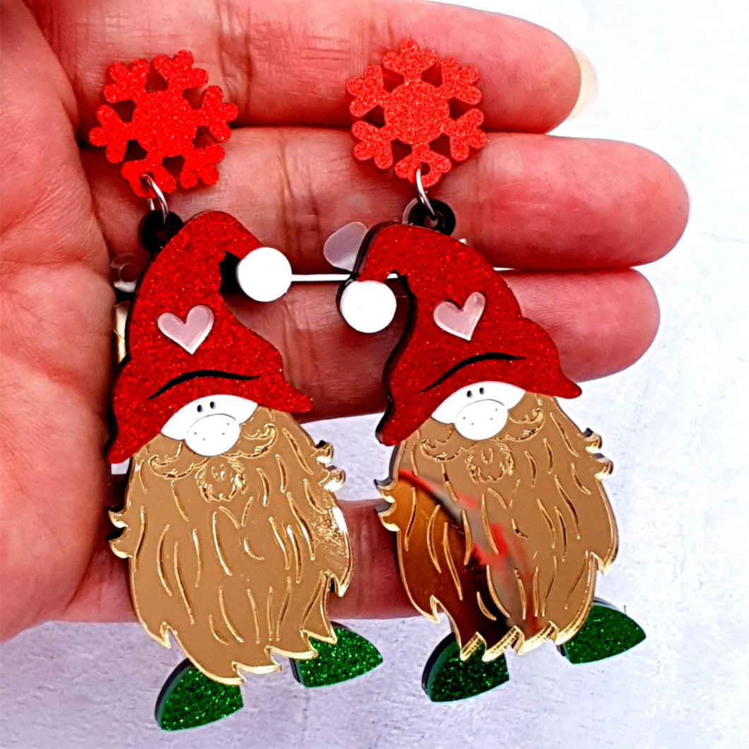 Red Green Gold Sparkle Christmas Gnome Gonk Novelty Earrings,Acrylic Quirky