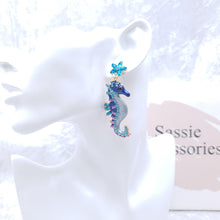 Load image into Gallery viewer, Seahorse Earrings, Blue Enamel