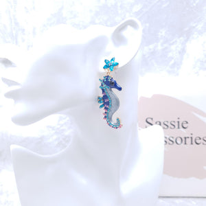 Seahorse Earrings, Blue Enamel