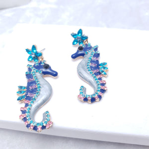 Seahorse Earrings, Blue Enamel