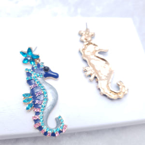 Seahorse Earrings, Blue Enamel