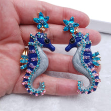 Load image into Gallery viewer, Seahorse Earrings, Blue Enamel