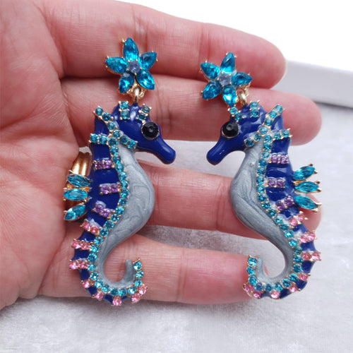 Seahorse Earrings, Blue Enamel