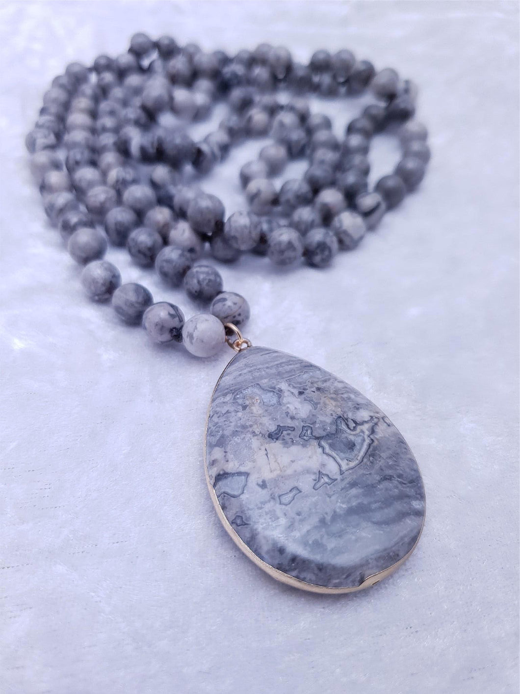 Long Natural Grey Black Dolomite Stone Beaded Pendant Necklace. Lagenlook