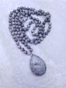 Long Natural Grey Black Dolomite Stone Beaded Pendant Necklace. Lagenlook