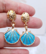 Load image into Gallery viewer, Sea Shell -  Golden Turquoise Enamel Earrings