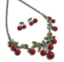 Load image into Gallery viewer, Rockabilly Cherry Red Bib Necklace and Earrings set.