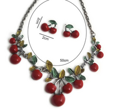 Load image into Gallery viewer, Rockabilly Cherry Red Bib Necklace and Earrings set.