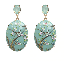 Load image into Gallery viewer, LARGE AQUA GREEN ORIENTAL BIRD OF PARADISE EARRINGS