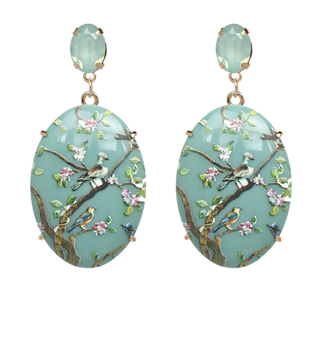 LARGE AQUA GREEN ORIENTAL BIRD OF PARADISE EARRINGS