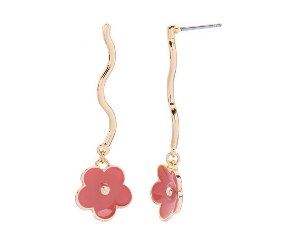 Cute Red Enamel Flower Dangle Earrings