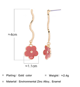 Cute Red Enamel Flower Dangle Earrings