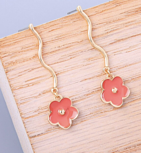 Cute Red Enamel Flower Dangle Earrings