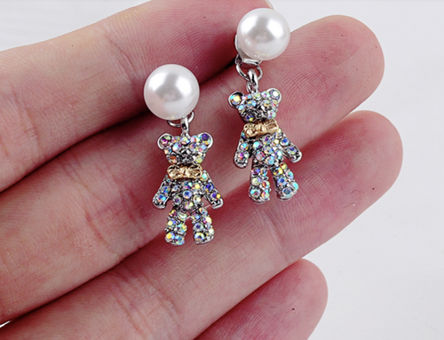 Cute Teddy Bear crystal & pearl Earrings