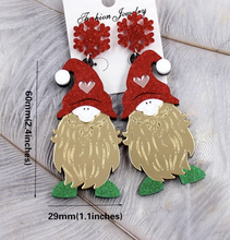 Load image into Gallery viewer, Red Green Gold Sparkle Christmas Gnome Gonk Novelty Earrings,Acrylic Quirky