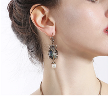 Load image into Gallery viewer, Pearl, Abalone &amp; Gold Scarab Beetle Earrings