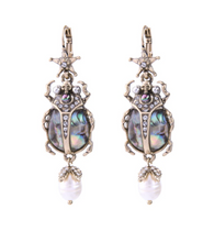 Load image into Gallery viewer, Pearl, Abalone &amp; Gold Scarab Beetle Earrings