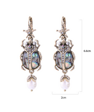 Load image into Gallery viewer, Pearl, Abalone &amp; Gold Scarab Beetle Earrings