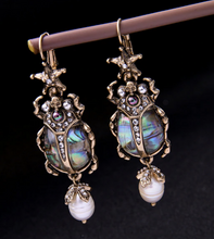 Load image into Gallery viewer, Pearl, Abalone &amp; Gold Scarab Beetle Earrings