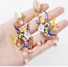 Load image into Gallery viewer, Enamel Angel Fish Earrings Yellow &amp; Blue Chandelier