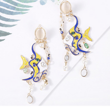 Load image into Gallery viewer, Enamel Angel Fish Earrings Yellow &amp; Blue Chandelier