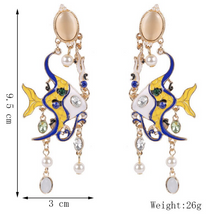 Load image into Gallery viewer, Enamel Angel Fish Earrings Yellow &amp; Blue Chandelier