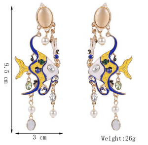 Enamel Angel Fish Earrings Yellow & Blue Chandelier