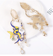 Load image into Gallery viewer, Enamel Angel Fish Earrings Yellow &amp; Blue Chandelier