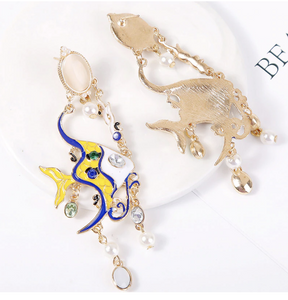 Enamel Angel Fish Earrings Yellow & Blue Chandelier