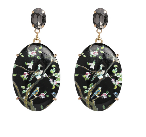 LARGE BLACK ORIENTAL BIRD OF PARADISE EARRINGS