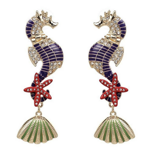 Purple Gold Seahorse Star Fish Earrings