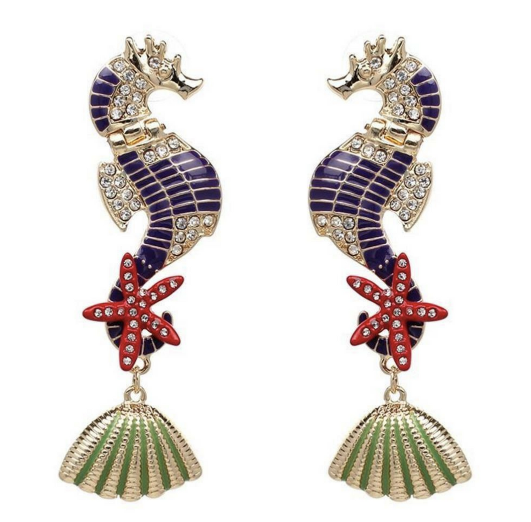 Purple Gold Seahorse Star Fish Earrings