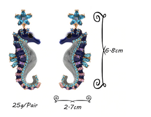 Seahorse Earrings, Blue Enamel