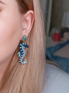 Seahorse Earrings, Blue Enamel